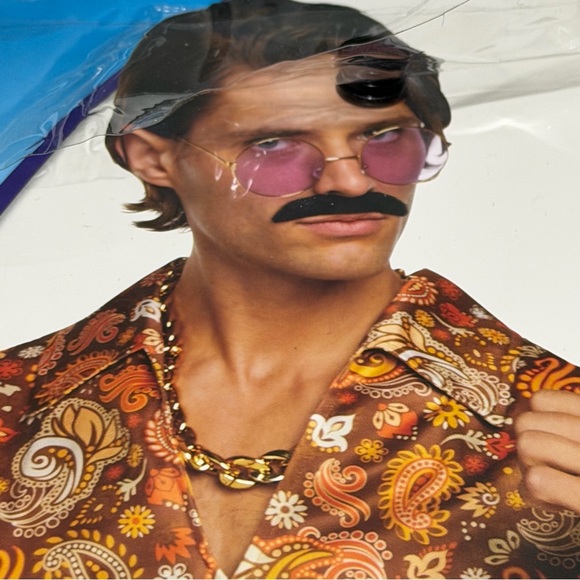NWT Spirit Groovy Man Halloween Costume shirt, glasses mustache chain 70’s Large - Picture 6 of 7